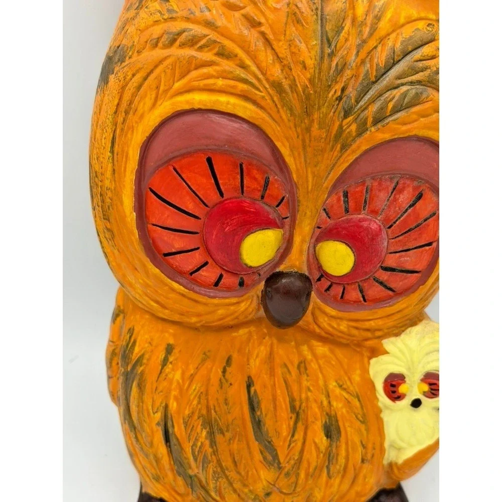 Vintage 1974 Large Owl With Baby Figurine Signed RZ Hand Painted Folk Art 10